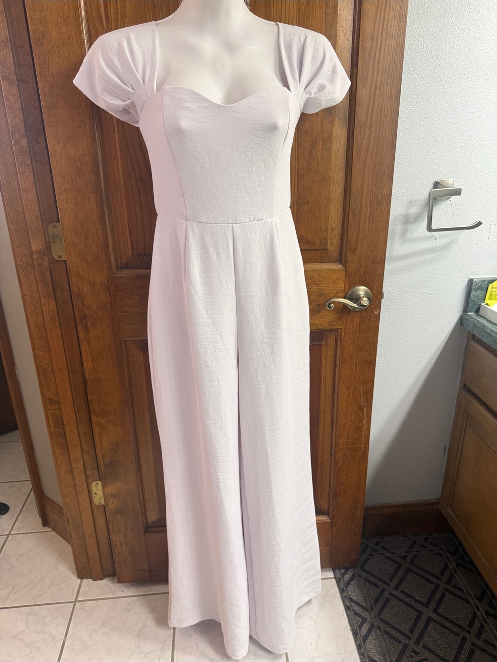 Abercrombie & Fitch Ivory Sweetheart Wide-Leg Jumpsuit with Cap Sleeves